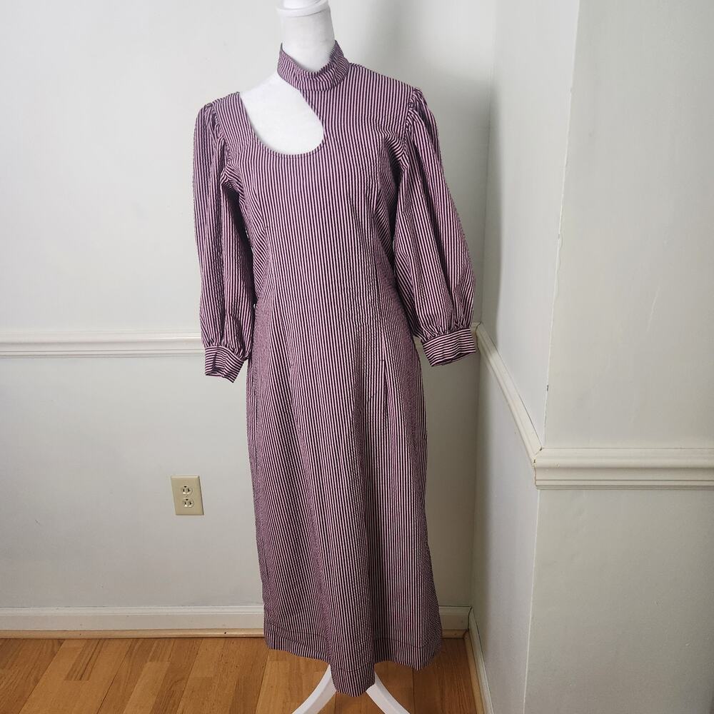 Ganni Midi Dress Sz 40 US 8 Womens Seersucker Moonlight Maeve Puff Sleeve Stripe